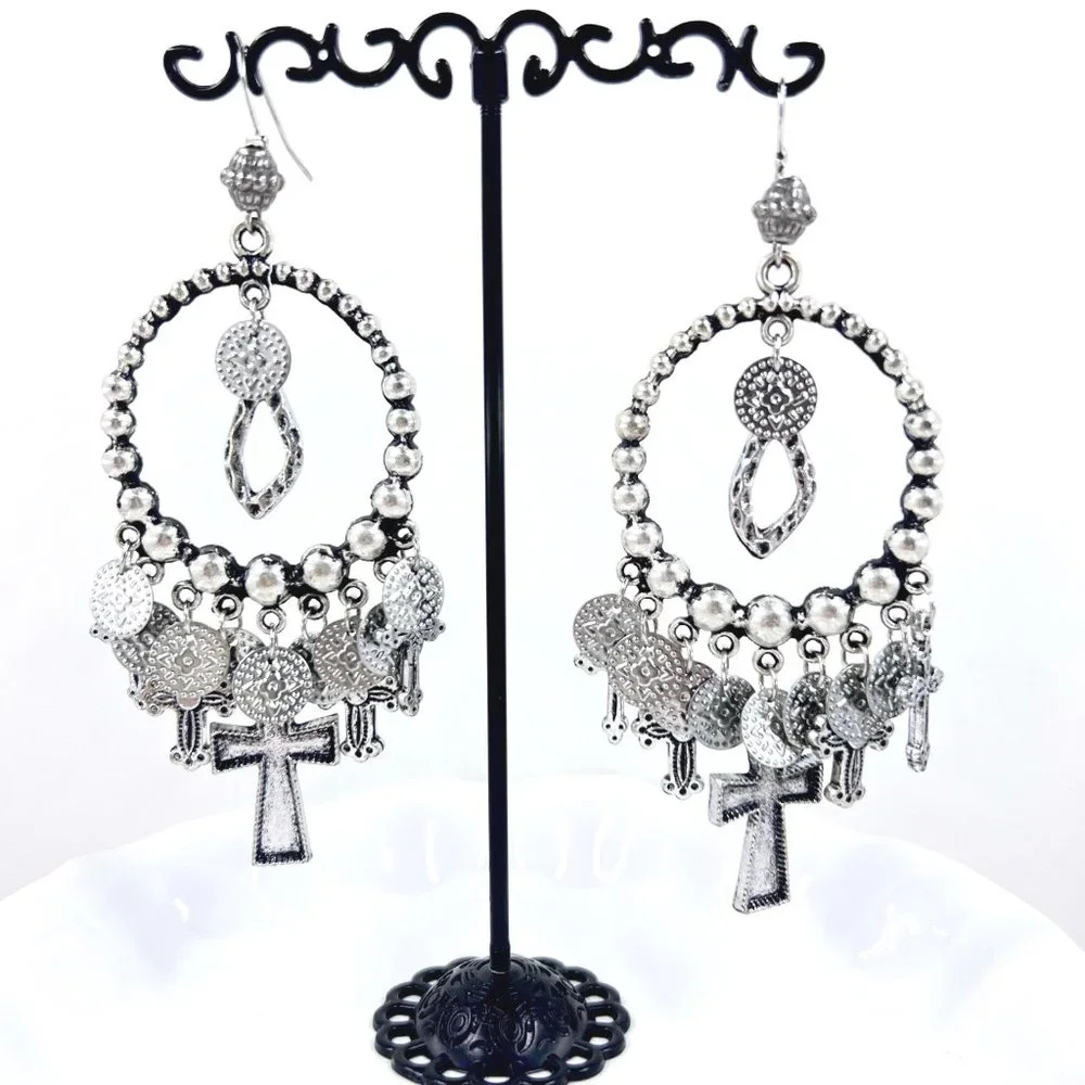 NWT – Charming Charlie – Cross & Disk Charms Silver Tone Dangle 4” Earrings - Picture 1 of 9
